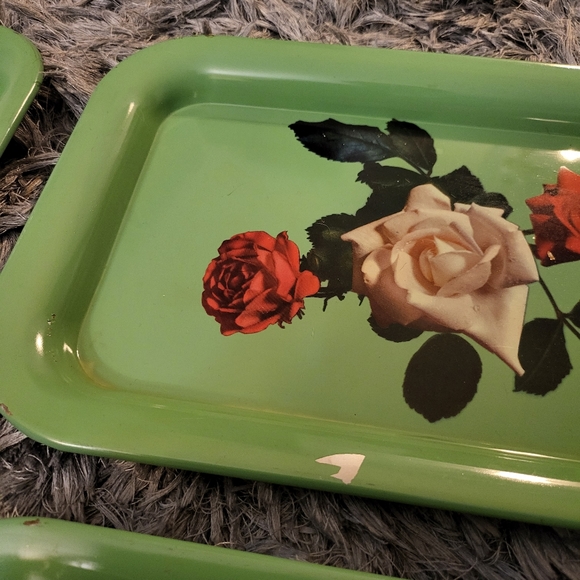 4~VTG Mid Century Modern Metal Serving Tray Teal Green Roses 14" x 9" MCM - Picture 4 of 6